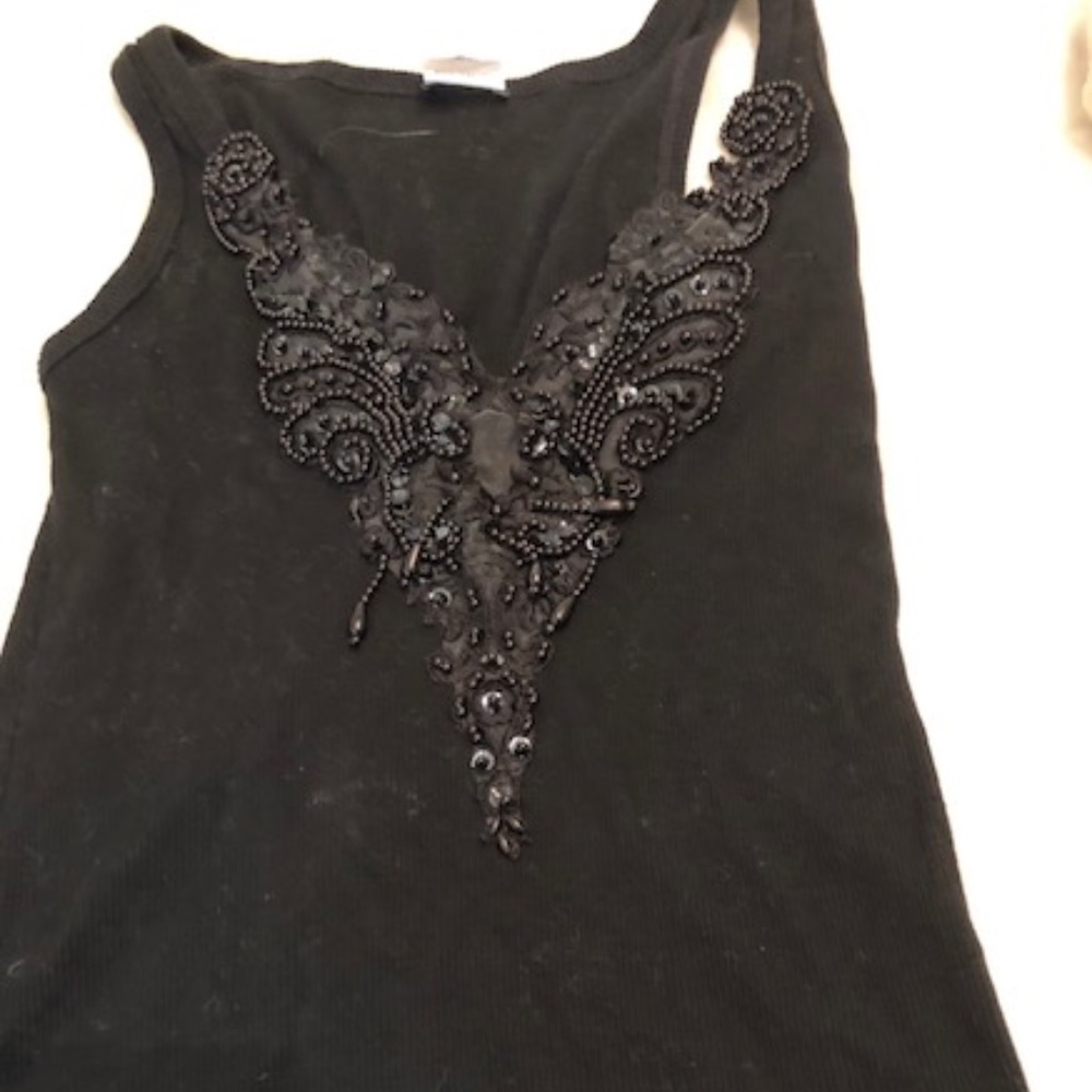 Tufi Duek Black Cotton Tank Top with Beading